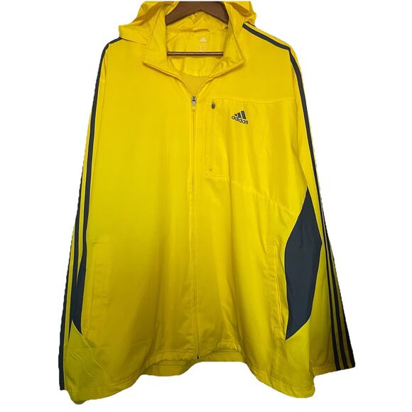 Adidas Windbreaker Jacket Coat Size 2XL Hooded Neon Yellow 3 Stripe 90s Y2K - Picture 1 of 5